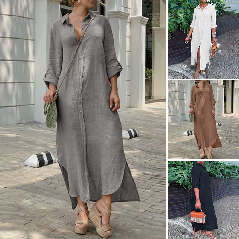 2023 New Cotton Linen Shirt Cotton Linen Button Dress